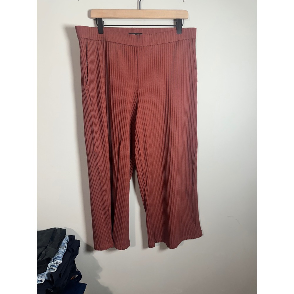 Eileen Fisher Womens Large Rust Ribbed Tencel Wide Leg Cropped Pants Culottes